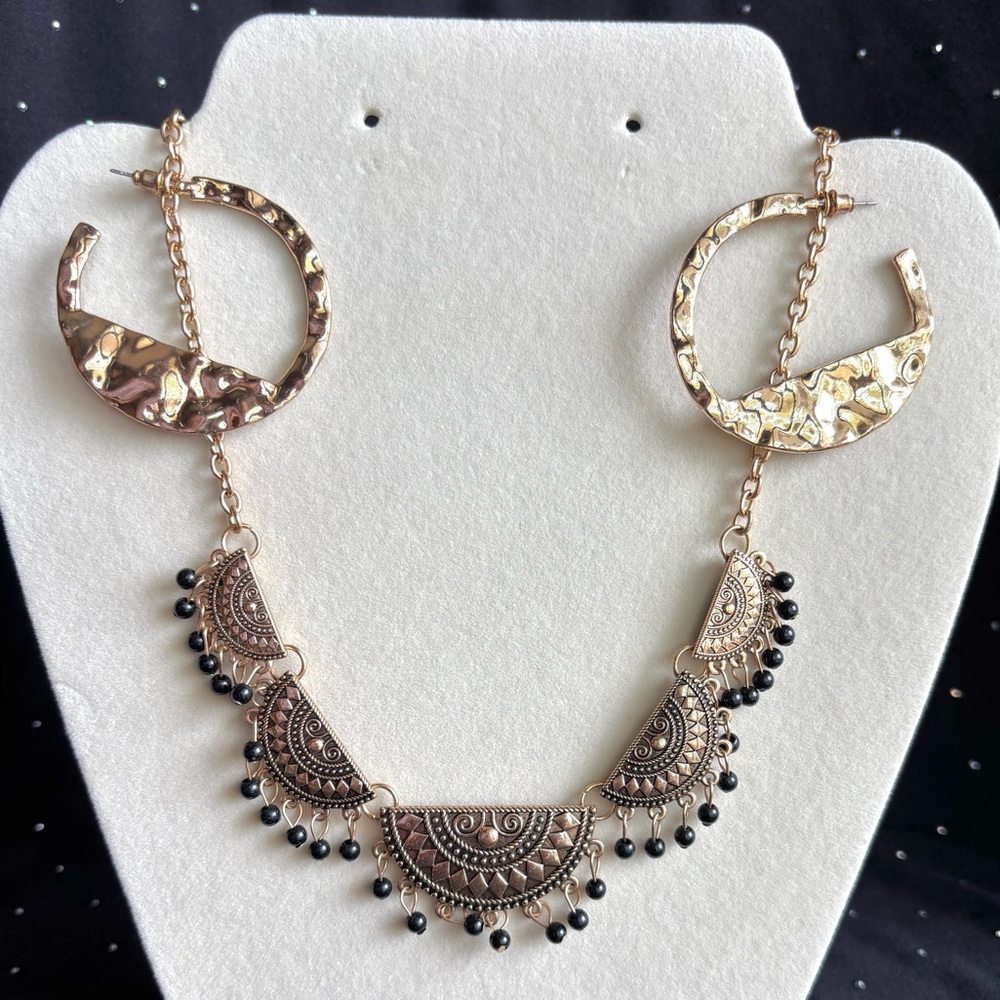 Gold Boho Black Bead Crescent Statement Necklace with Hoop Earrings